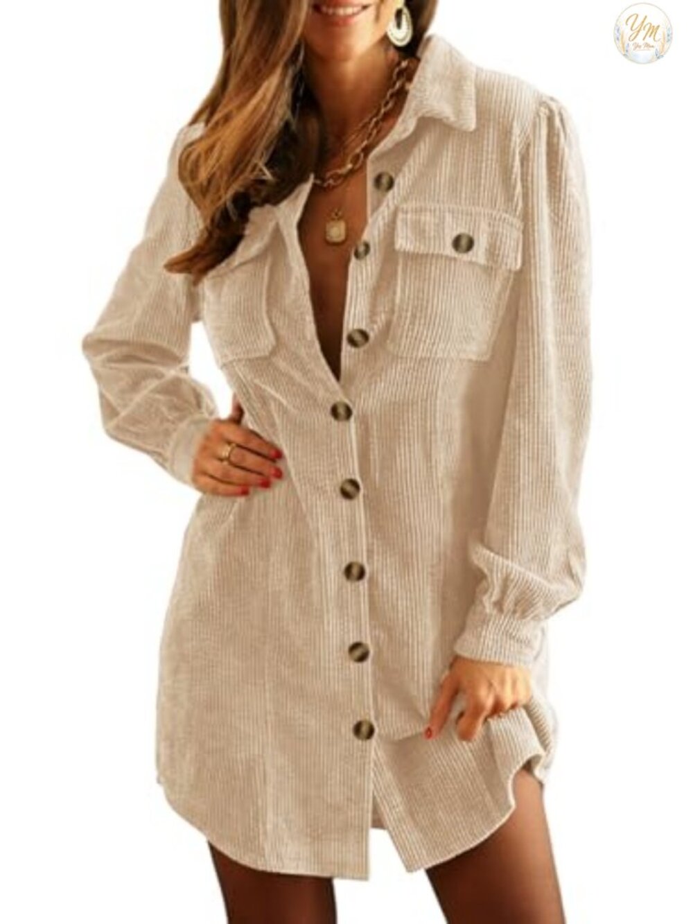 Corduroy Long Sleeve Button Front V Neck Tunic Dress Work Casual